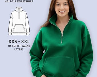 Patrón de costura para sudadera extragrande con media cremallera (PDF), jersey con cremallera de un cuarto para mujer, bolsillo canguro