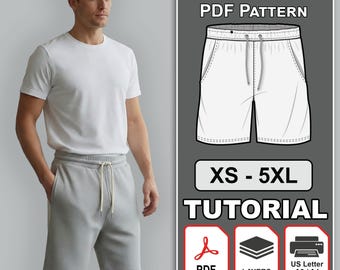 Patrón de costura para pantalones cortos de punto para hombre con cintura elástica, tallas XS-5XL (PDF)