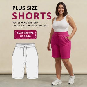 Puede incluir: Imagen de una mujer con shorts magenta y una camiseta sin mangas blanca. Los shorts tienen cintura con cordón y bolsillos. El texto en la imagen dice "PLUS SIZE SHORTS, PDF SEWING PATTERN, TALLAS 3XL-9XL, US 18-30". También se muestra un dibujo lineal de shorts.