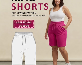 Plus Size Women's Shorts PDF Sewing Pattern | Slim Fit | | Bermuda Knit Shorts 3XL-9XL (US 18–30)