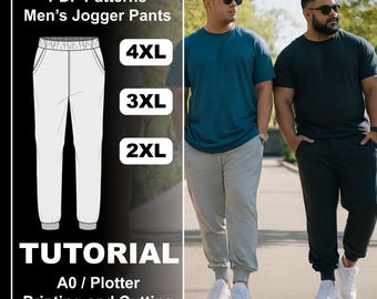 Patrón PDF para pantalones deportivos de hombre de tallas grandes / Tallas 2XL-4XL / Archivo para plotter A0 / Descarga inmediata