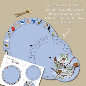 May include: A printable cipher wheel kit featuring three light blue circular discs with bird illustrations and alphabet letters. Includes a brass fastener for assembly. Text reads: Movable version included! Just print, cut, and assemble the 3 discs with a brass fastener for a fully interactive cipher wheel! A Cipher Wheel about Birds.