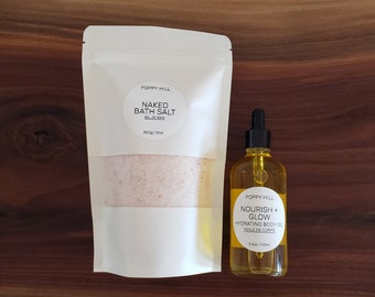 Lot sel de bain + huile pour le corps | huile corporelle hydratante végétalienne artisanale, sels de bain apaisants et relaxants, idée cadeau parfaite pour elle