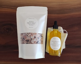 Bath Salt + Body Oil Bundle | handcrafted natural bath salt blend with cotton exfoliating pouch and hydrating body oil, perfect gift idea