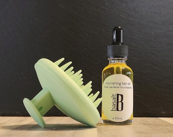 Botanical Hair Oil Bundle | Soft Glossy Texture, Naturally Nourishing Hair Oil + Silicone Scalp Massager Bare Roots Duo