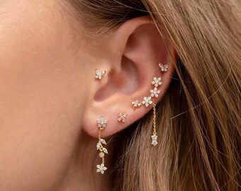 Pink Flower Earring Set: Gold Hoop & Stud Earrings, Mori Style