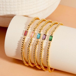 Pulsera personalizada con piedra de nacimiento baguette - Elegante pulsera dorada con piedra de nacimiento - Pulsera de piedras preciosas personalizada - Regalo de Navidad - Regalos personalizados