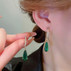 Emerald Diamond Drop Earrings: Green Stone Dangle Earrings