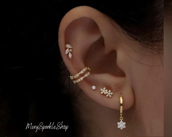 Golden Geometric Earring Set: Real Silver Pierced Earrings