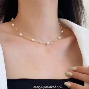Delicate Natural Freshwater Pearl Necklace - Gold Chain Multiple Pearl Choker Necklace - Minimalist Bridal Wedding Necklace, Bridesmaid Gift