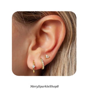 3-Piece Earring Set with Star Zirconia - Ear Climber Stud Earrings for Multiple Piercings and Huggie Hoop Ring with Charm - Gift Ready Set