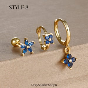 Juego de aretes tipo aro y tipo botón con corte de diamante y circonita azul - Juego de aretes de 3 piezas - Aretes de cuatro hojas con diseño de minorías de lujo - Regalo elegante para mujeres