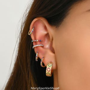 Colorful 6pcs Hoop, huggie Earring set - Elegant stackable gemstone cartilage Huggie hoop set - Charm Hoops - Birthday Gifts for Women