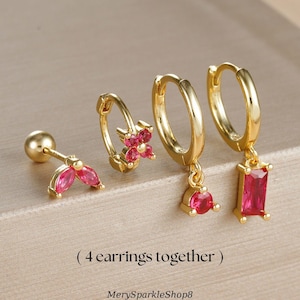 Carré, parure de boucles d'oreilles fleurs - Lot de 4 clous d'oreilles fleurs, créoles avec pierres - Ensemble empilable de breloques pierres précieuses - Cadeau de Noël pour femme