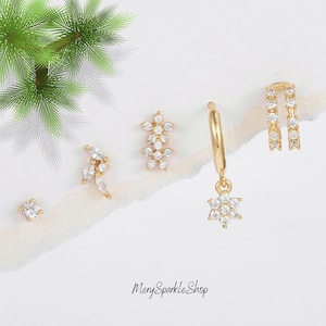 Ensemble pour dames, 5 pièces en or et diamants géométriques - Boucles d'oreilles tendance serties de piercings en argent véritable - Cadeau de Noël spécial mères et femmes
