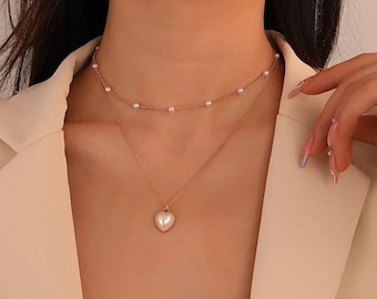 Freshwater Pearl Double Layer Necklace: Gold Silver Heart Drop, Minimalist Wedding Jewelry