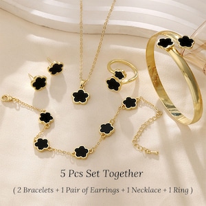 5 Piece Clover Flower Jewelry Set • Van cleef Clover Bracelet, Necklace, Ring and Earrings Set • Bridesmaid Gift • Wedding , Engagement Gift