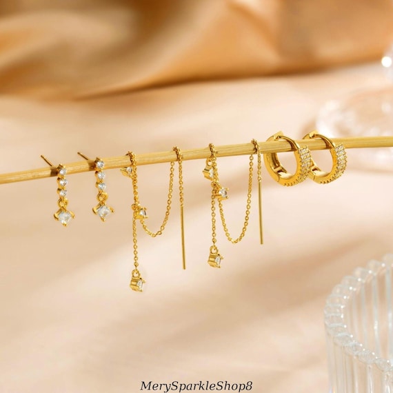 Gold Star Earring Set: Dangle Hoop & Stud Stacking Earrings