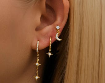 Star Moon Hoop Earring Set: Copper Celestial Jewelry