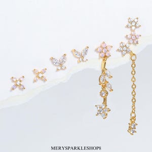 6 Piece Dangling Pink Flower Earrings set • Huggie Hoop Earrings and Stud Earrings Set • Flower Pair Gift • Gift for Women • Christmas Gift