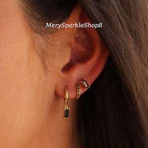 3 Pcs Square Diamond Earrings Set - Dangling Earrings with Colored Stones, Stud Earrings and Huggie Hoop with Charm - Elegant gift for woman