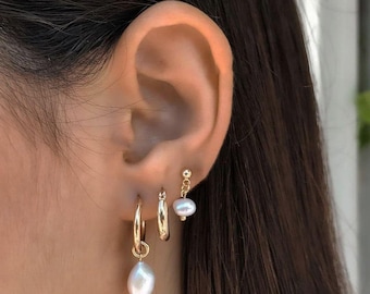 Freshwater Pearl Gold Earring Set: Dangle & Huggie Hoop Earrings