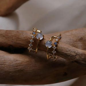 Blue Opal Hoop Earrings: Vintage Gold Plated Huggies, Sterling Silver Pin