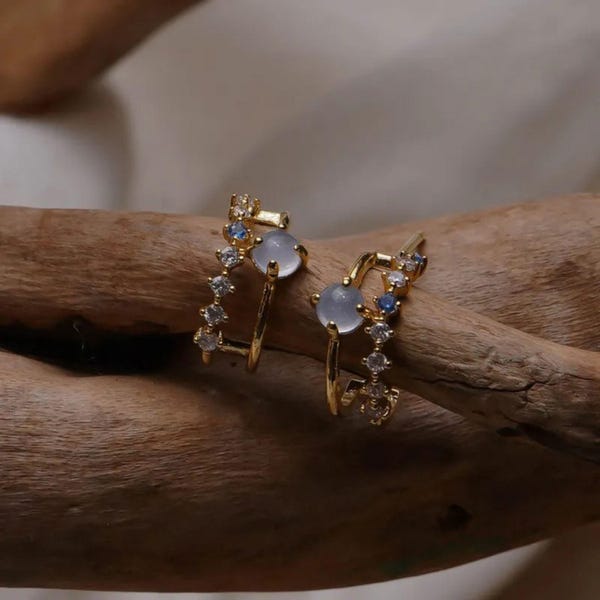 Blue Opal Hoop Earrings: Vintage Gold Plated Huggies, Sterling Silver Pin