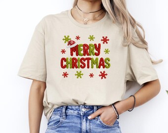 Faux Yarn Merry Christmas T-Shirt, Xmas Family Tee
