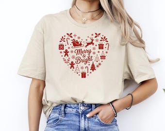 Merry And Bright Christmas Heart T-Shirt, Xmas Gift