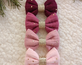 Barrette noeud double gaze de coton - Collection hiver - Tons rose - Accessoires cheveux bébé et petites filles - Pince crocodile