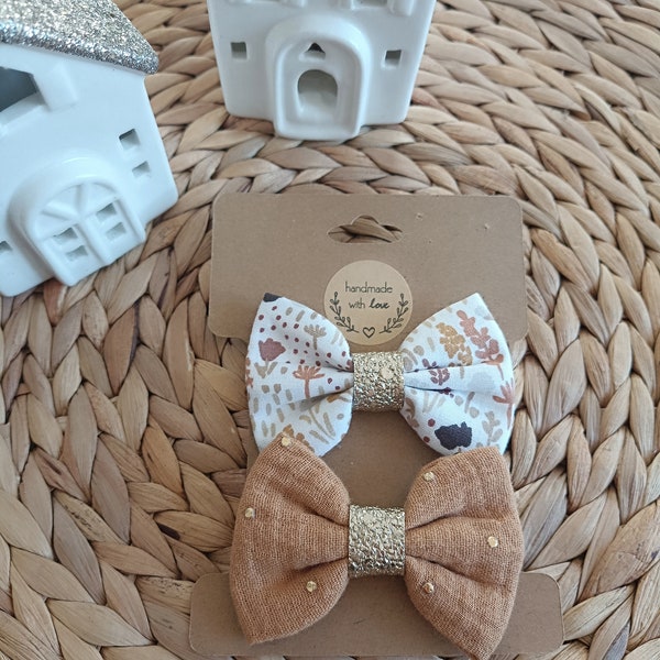 Lot de 2 noeud en coton - Elastique ou pince crocodile - Beige marron camel - Accessoires cheveux bébé et petites filles