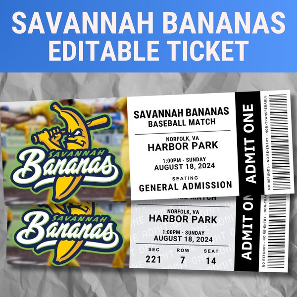 Savannah Bananas Ticket, Baseball Tickets, Surprise Gift, Editable Baseball Tickets, Sports Event, Personalized Stub, Printable Template