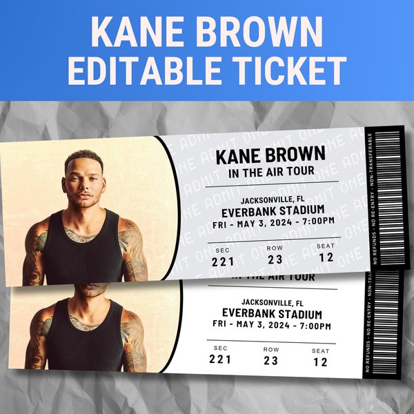 Editable Kane Brown Concert Ticket, In The Air Tour 2024, Memorabilia, Surprise Gift, Kane Brown Ticket, Printable, Digital Print