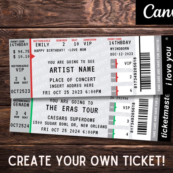 Editable Concert Ticket, Concert Ticket Template, Surprise Birthday Gift, Personalized Event Ticket, Custom Ticket, Ticket Stub Souvenir