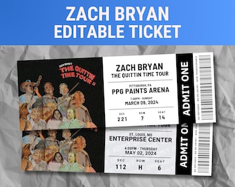 Editable Zach Bryan Concert Ticket, The Quittin Time Tour 2024, Memorabilia, Surprise Gift, Zach Bryan Ticket, Printable, Digital Print