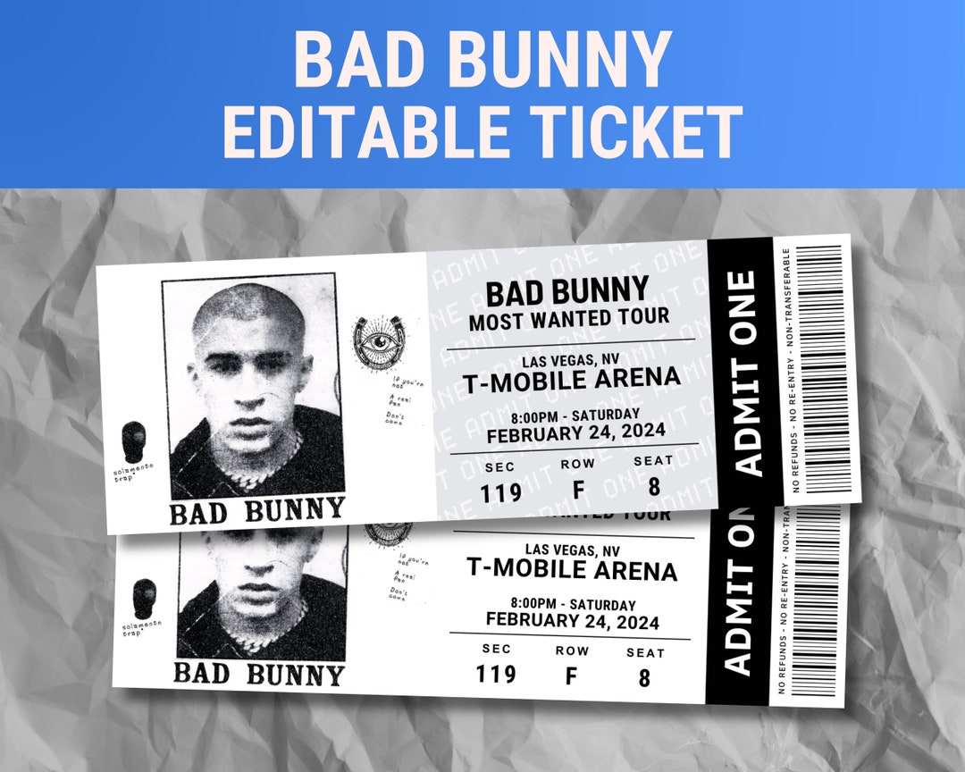 Editable Bad Bunny Concert Ticket, Most Wanted Tour 2024, Memorabilia