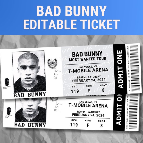 Editable Bad Bunny Concert Ticket, Most Wanted Tour 2024, Memorabilia, Surprise Gift, Bad Bunny Ticket, Printable, Digital Print