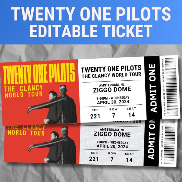 Editable Twenty One Pilots Concert Ticket, The Clancy World Tour Ticket 2024, Memorabilia, Surprise Gift, 21 Pilots Ticket, Printable