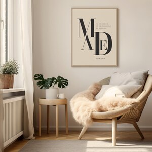 Beige and black Psalm 139:14 fearfully and wonderfully made MADE typography print in wooden frame above rattan armchair with fur throw, minimalist Christian wall art digital download