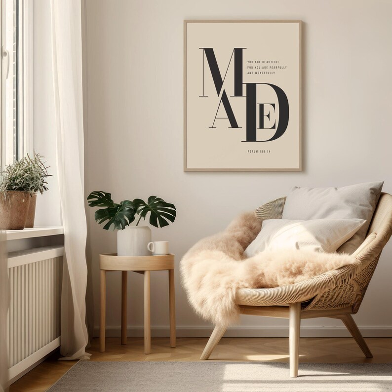 Beige and black Psalm 139:14 fearfully and wonderfully made MADE typography print in wooden frame above rattan armchair with fur throw, minimalist Christian wall art digital download