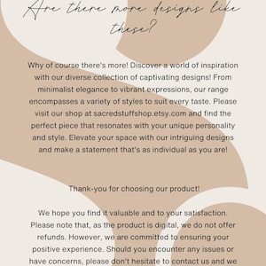 May include: A text-based graphic with a peach background and a speech bubble containing the text "Are there more designs like these?"  The text below the speech bubble explains that the shop offers a variety of designs and encourages customers to visit their shop on Etsy.