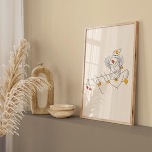 Krishna Line Art Print: Gold & Vermillion Hindu Decor (Digital Download)