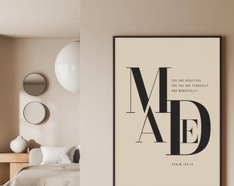 Christian Scripture Art, Psalm 139:14, Beige Typography Print (Digital Download)