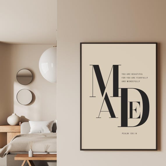 Christian Scripture Art, Psalm 139:14, Beige Typography Print (Digital Download)