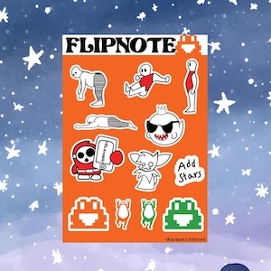 May include: A sheet of stickers featuring various cartoon characters and designs. The stickers are on an orange background with the text "FLIPNOTE" at the top. Some of the characters include a red character holding a phone, a white character with sunglasses, and a green character with a pixelated design. The text "Add Stars" is also included on the sheet.