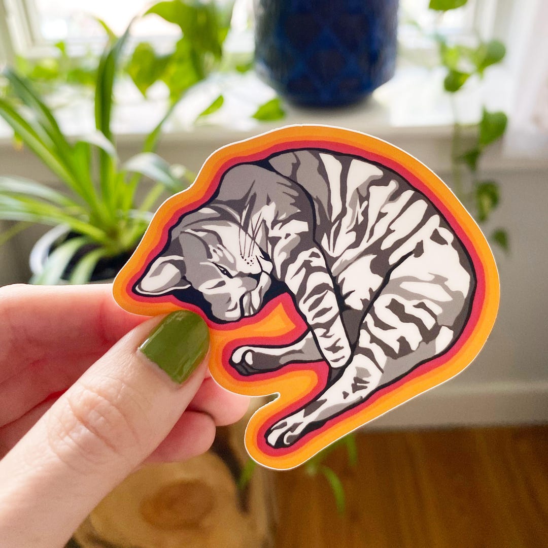 Comfortable Cat Sticker Sleeping Kitten Sticker: Vinyl Cat Love Tabby Happy Joyful Peaceful ...