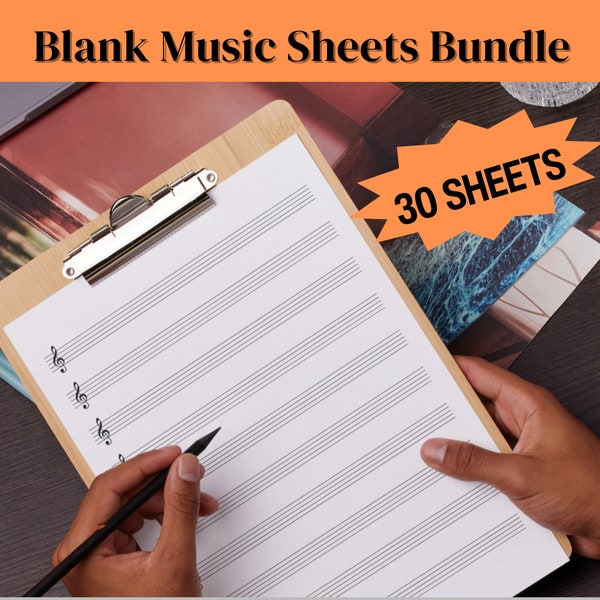 30 x Blank Music Sheets, Manuscript Paper, Printable Music Sheets Template, Blank Guitar Music Paper Treble Bass Piano Ukulele Printable PDF