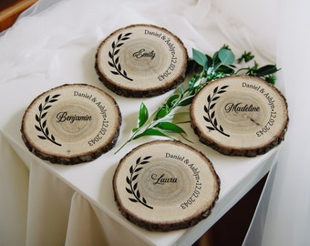 Custom Wood Slice Wedding Favors - Laser Engraved with Couple's Names, Wedding Date, Guest Name, & Leaf Border