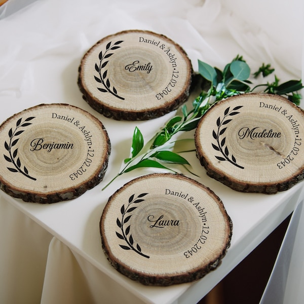 Custom Wood Slice Wedding Favors - Laser Engraved with Couple's Names, Wedding Date, Guest Name, & Leaf Border